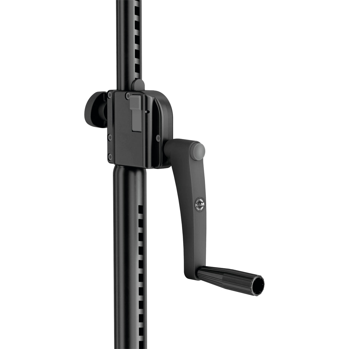 24740 wind-up stand crank mechanism close-up showing slotted inner tube and handle with K&M logo, K&M