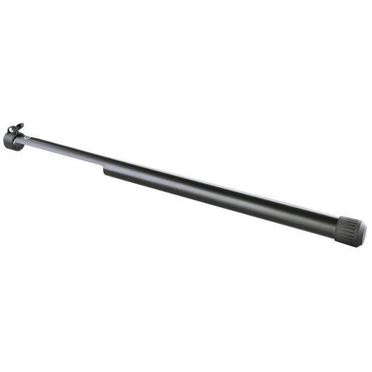 24748 leveling leg angled product view showing black telescoping tube with clamp collar at the top and rubber foot cap at the base, K&M