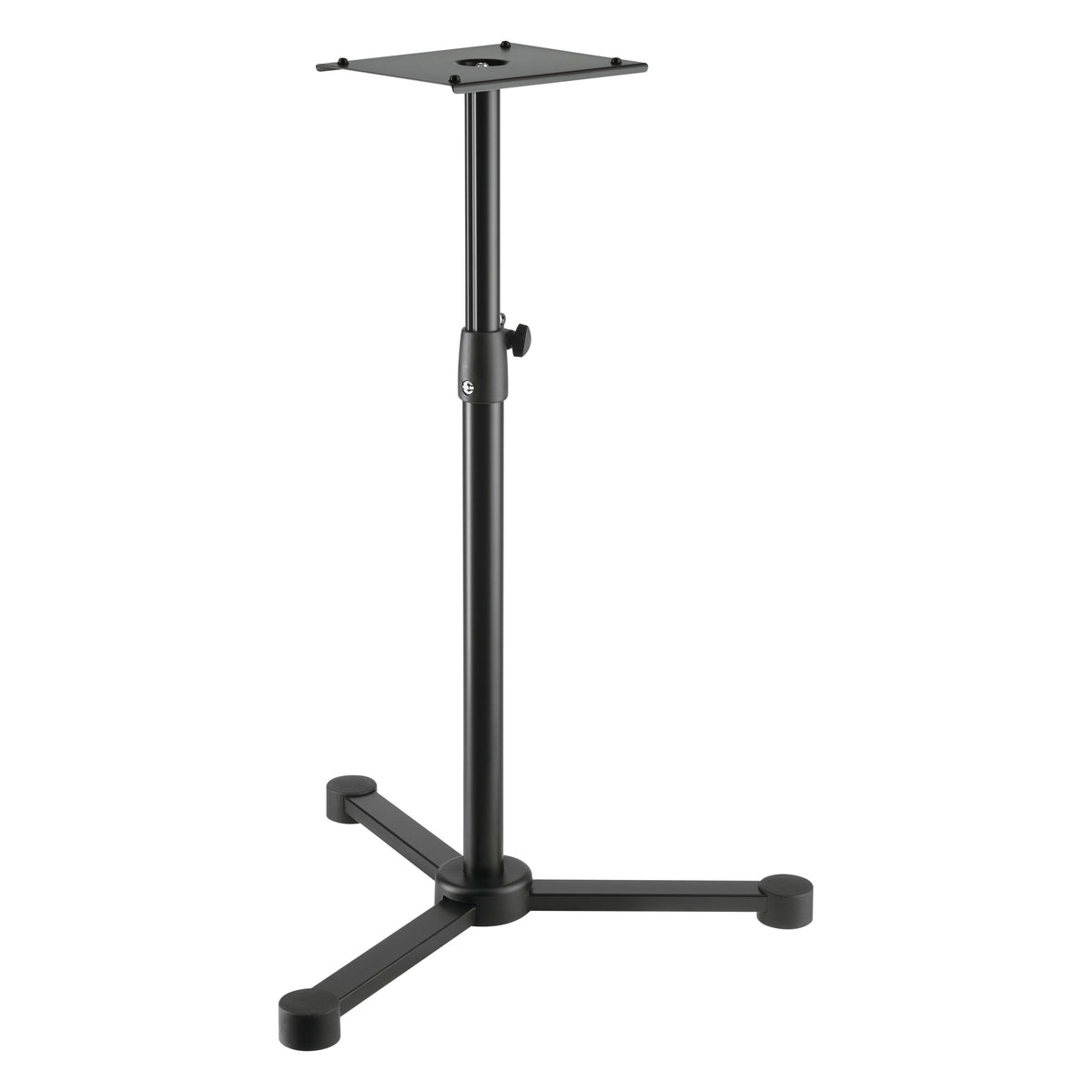 26720 monitor floor stand full front view with square top plate, telescoping column and three-legged steel base with rubber feet, K&M
