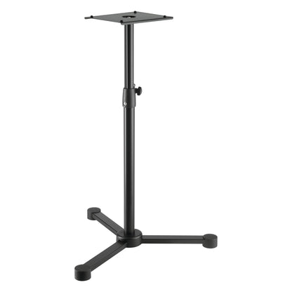 26720 monitor floor stand full front view with square top plate, telescoping column and three-legged steel base with rubber feet, K&M