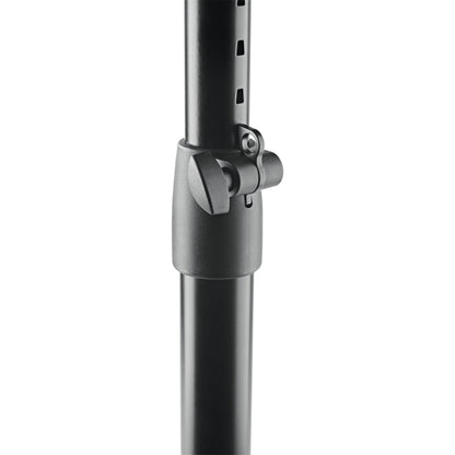 26720 monitor floor stand height adjustment detail showing wing-screw clamp collar and perforated inner tube, K&M