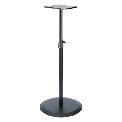 26740 monitor floor stand full front view with round cast-iron base, telescoping tube and square top mounting plate, K&M