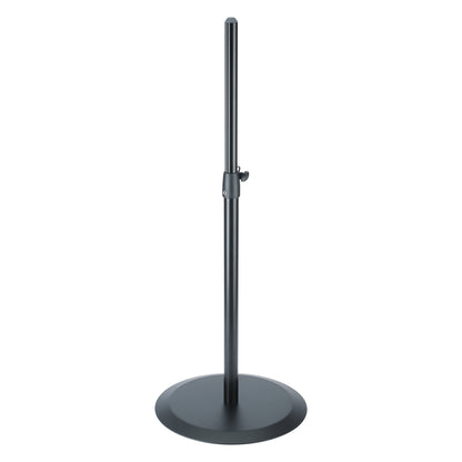 26750 speaker stand full front view with round flat cast-iron base, black telescoping pole and clamp collar, K&M