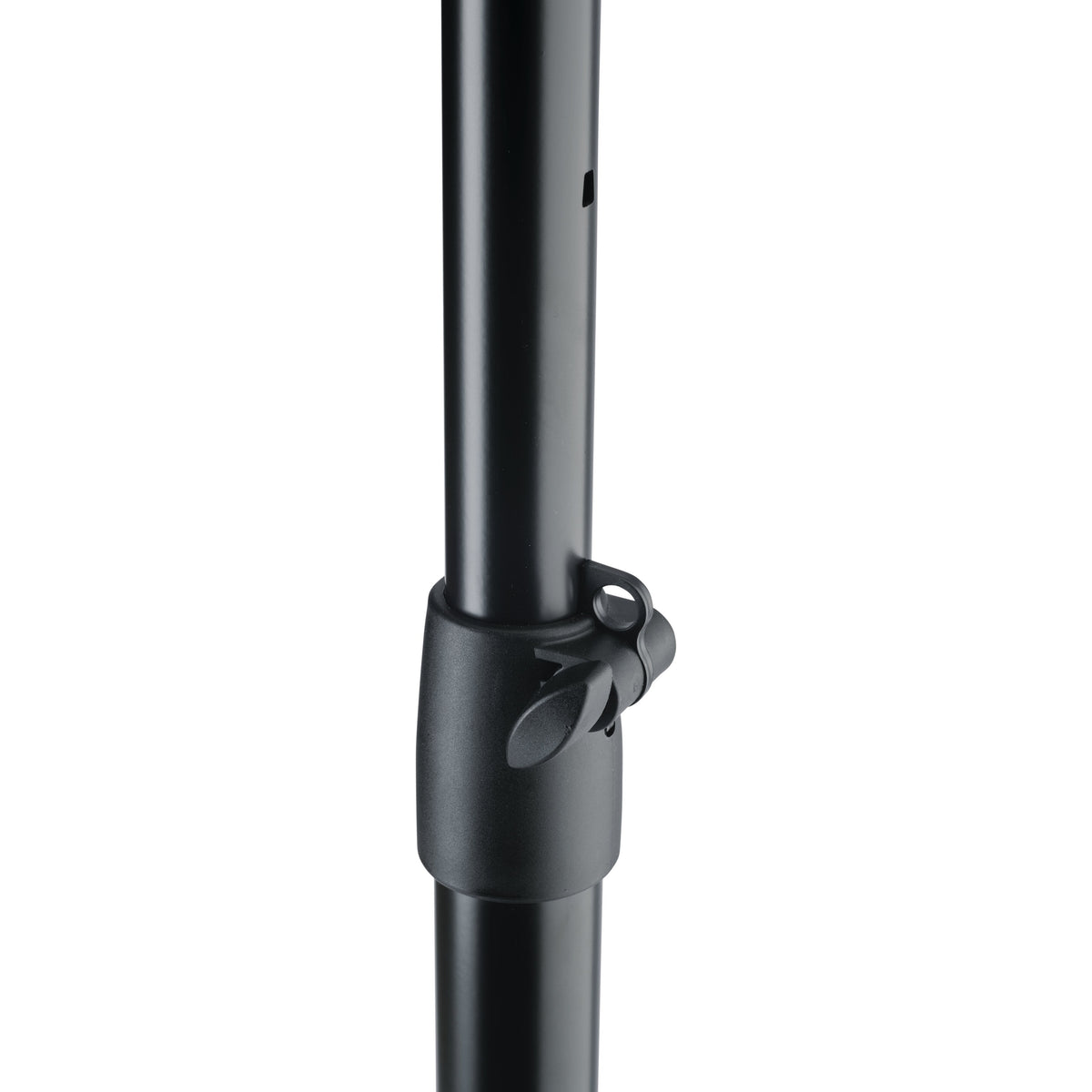 26750 speaker stand height adjustment collar detail showing black wing-screw clamp on the telescoping pole, K&M