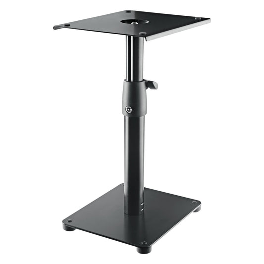 26775 desktop monitor stand full front three-quarter view showing square top plate, black telescopic column with clamp collar and flat base plate with rubber feet, K&M