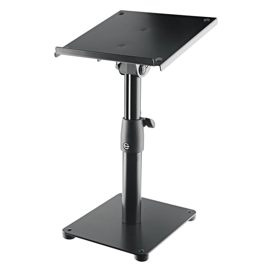 26776 tiltable desktop monitor stand front three-quarter view with angled top plate, height-adjustable column and square steel base, K&M