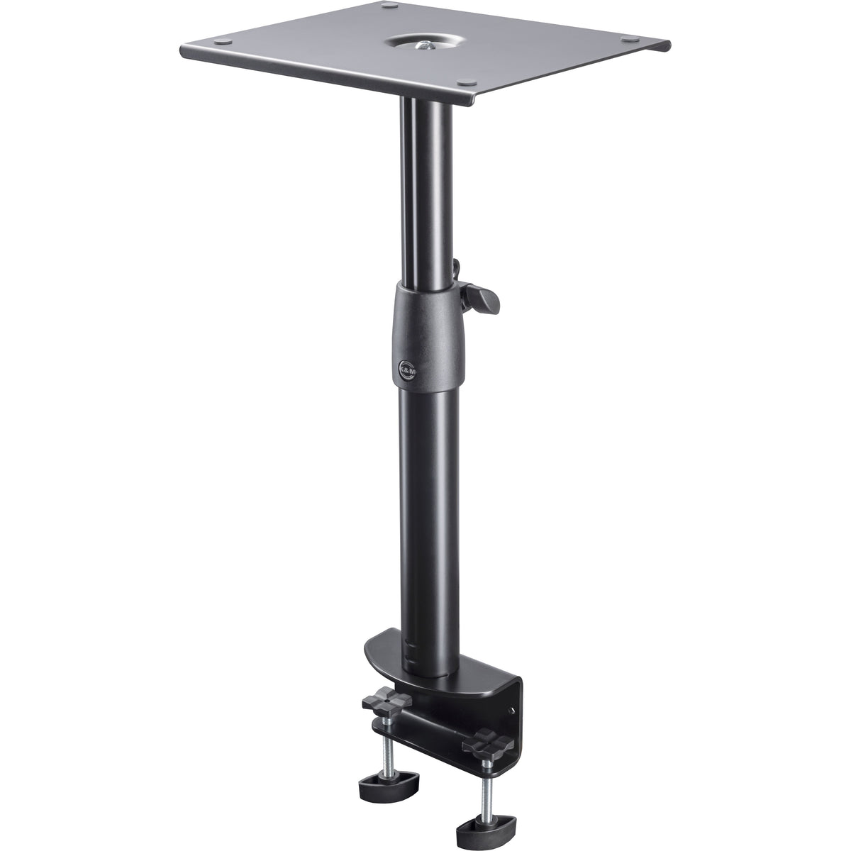 26777 desktop monitor stand full view with square top plate, height-adjustable column and table clamp with two black screw knobs, K&M