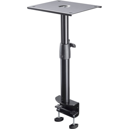 26777 desktop monitor stand full view with square top plate, height-adjustable column and table clamp with two black screw knobs, K&M
