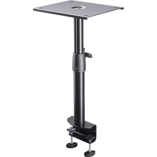 26777 desktop monitor stand full view with square top plate, height-adjustable column and table clamp with two black screw knobs, K&M