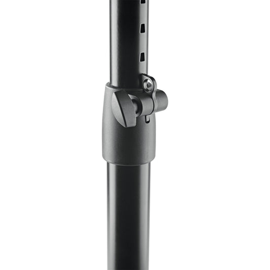 26777 monitor stand height adjustment detail showing black wing-knob locking collar and perforated inner tube, K&M