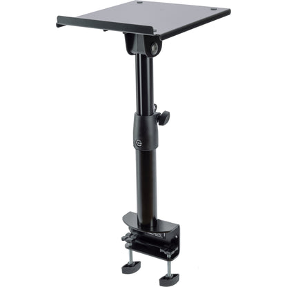 26778 tiltable desktop monitor stand angled view showing tilt pivot joint under the platform and table clamp base, K&M