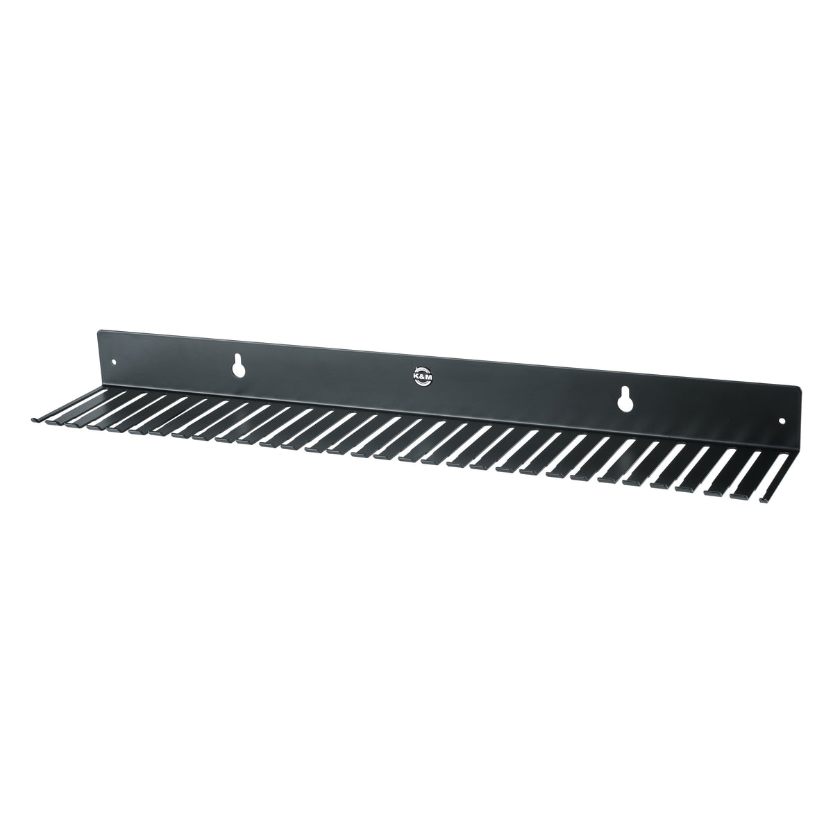 49020 wall-mount cable hanger angled front view showing slotted tines, keyhole mounting slots and K&M logo on black steel bar, K&M