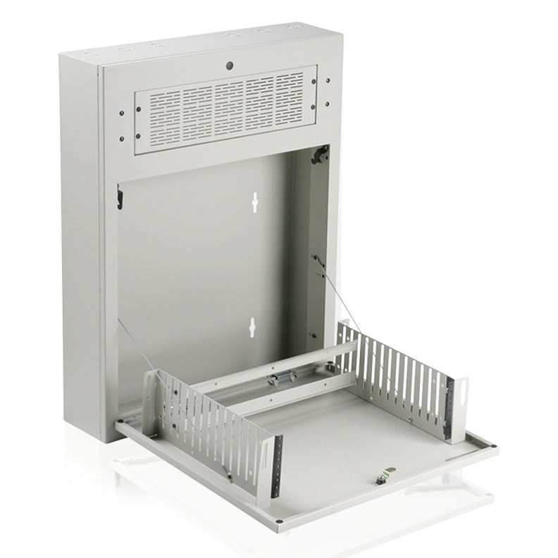 AWR3W 3RU tilt-out wall cabinet shown at an angle with door open, revealing vented top panel and slotted 19-inch rack rails, AtlasIED