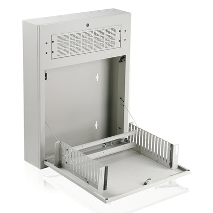AWR3W 3RU tilt-out wall cabinet shown at an angle with door open, revealing vented top panel and slotted 19-inch rack rails, AtlasIED