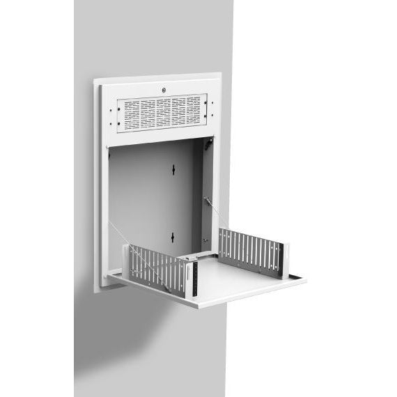 AWR3W wall cabinet mounted on a wall with the tilt-out door lowered to form an equipment shelf, AtlasIED
