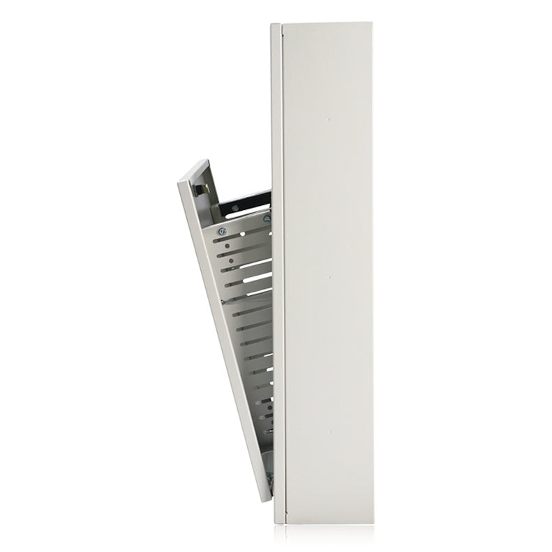 AWR3W side profile showing shallow-depth enclosure and tilt-out door swung forward on its hinge, AtlasIED