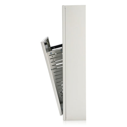 AWR3W side profile showing shallow-depth enclosure and tilt-out door swung forward on its hinge, AtlasIED