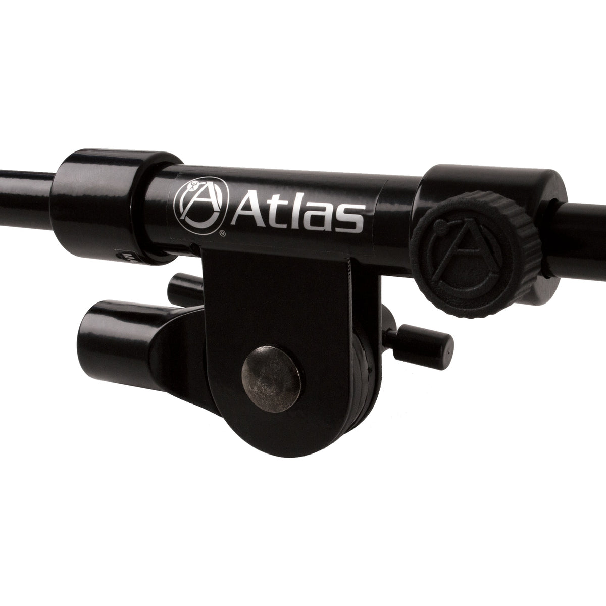 B2237 boom arm pivot detail showing knurled tension knob and Atlas logo on black tube, AtlasIED