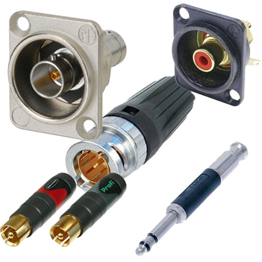 Neutrik connector assortment with D-series BNC and RCA panel mounts, cable plugs, and TS jack