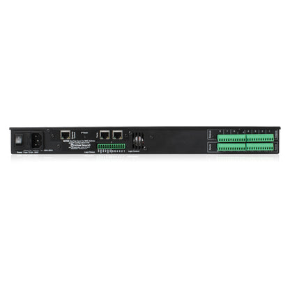 BB-88 BlueBridge DSP rear panel with IEC power inlet, Ethernet control and logic ports, and green Phoenix input/output terminal blocks, AtlasIED