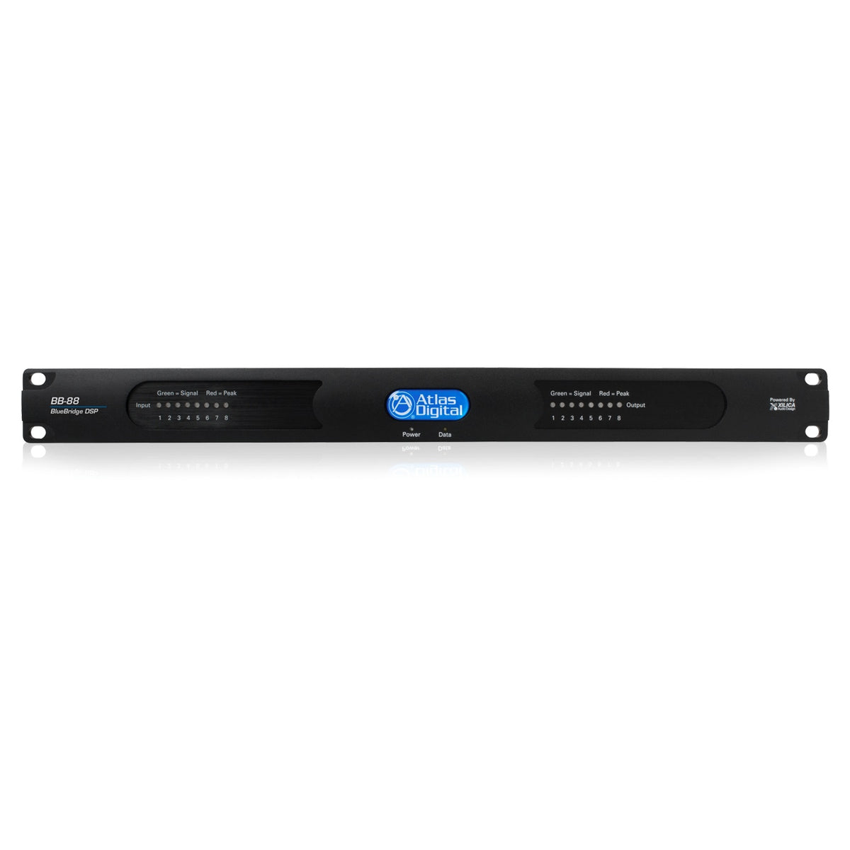 BB-88 BlueBridge DSP front view of 1U rack chassis with 8 input and 8 output signal/peak LED meters and Atlas Digital badge, AtlasIED