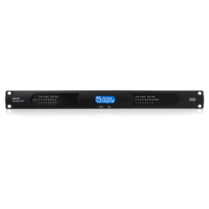 BB-88 BlueBridge DSP front view of 1U rack chassis with 8 input and 8 output signal/peak LED meters and Atlas Digital badge, AtlasIED