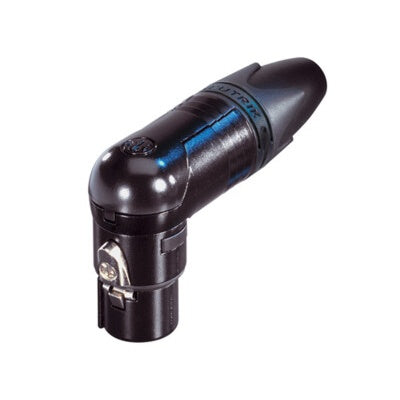 Neutrik NC3FRX-B right angle 3-pole female XLR cable connector with black shell and gold contacts