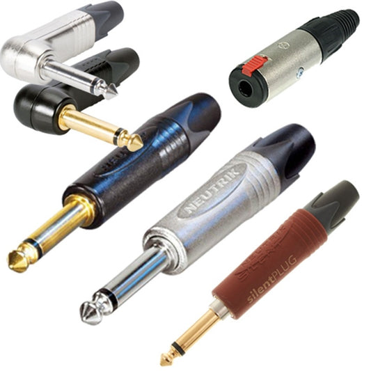 Neutrik NP2RX-BAG 1/4" phone plug family shot with right angle, straight, silentPLUG and jack styles