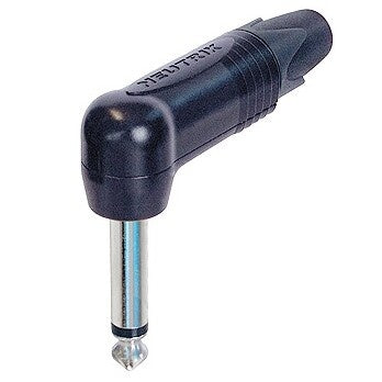 Neutrik NP2RX-B right angle 1/4" phone plug with black housing and metal tip-sleeve contact