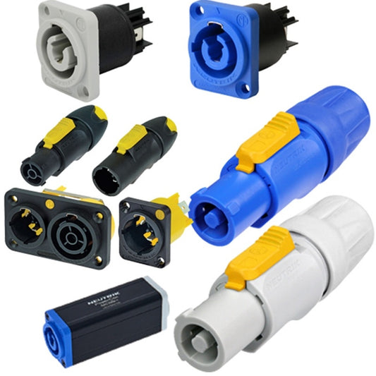 Neutrik powerCON connector family with blue and gray panel mount receptacles and cable connectors