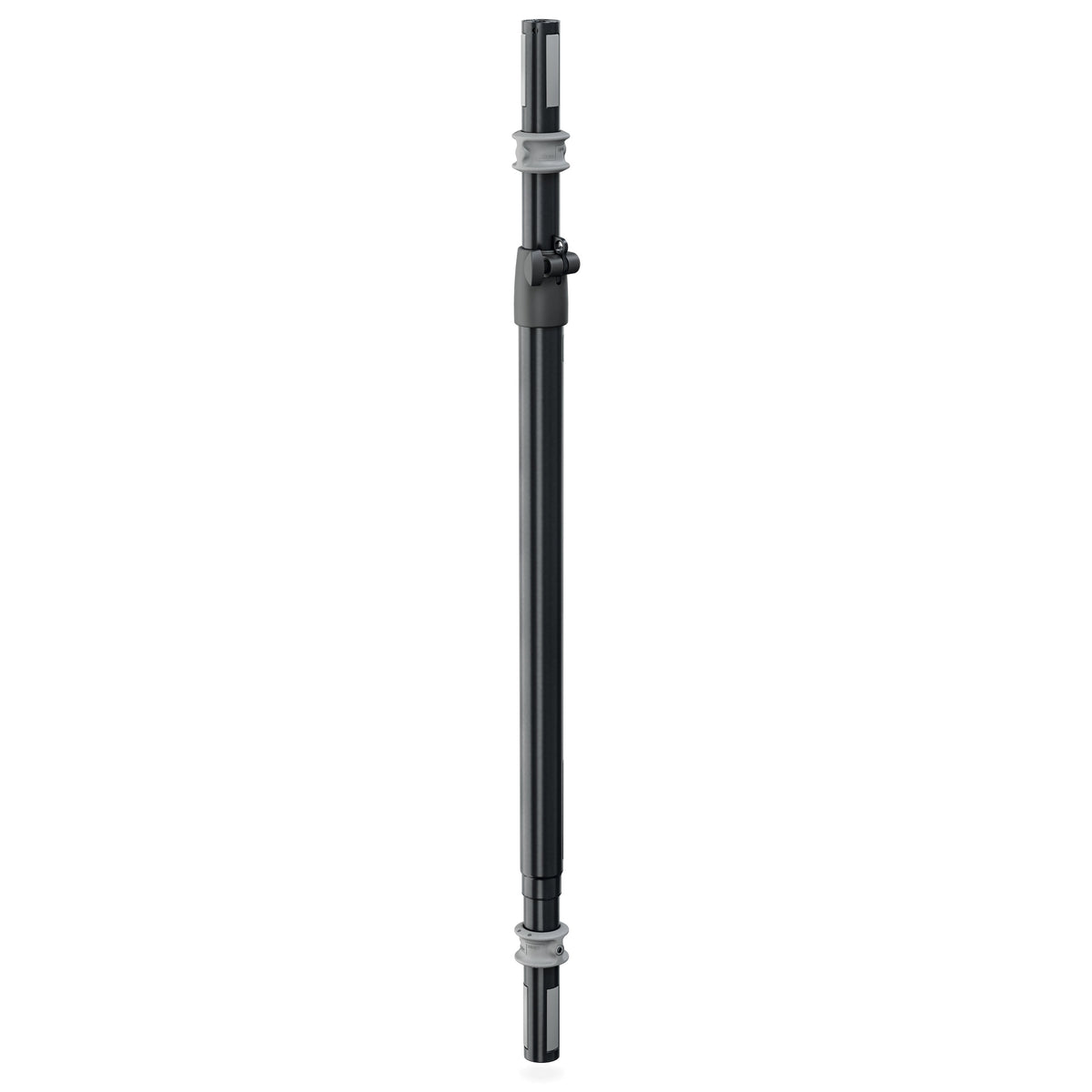 21376 Easy Lock distance rod for subwoofer flange adapters, full-length front view of black telescoping pole with grey collars and clamp lock, K&M
