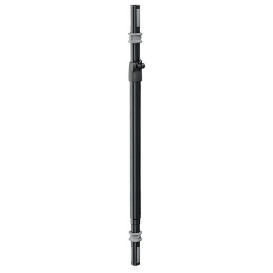 21376 Easy Lock distance rod for subwoofer flange adapters, full-length front view of black telescoping pole with grey collars and clamp lock, K&M
