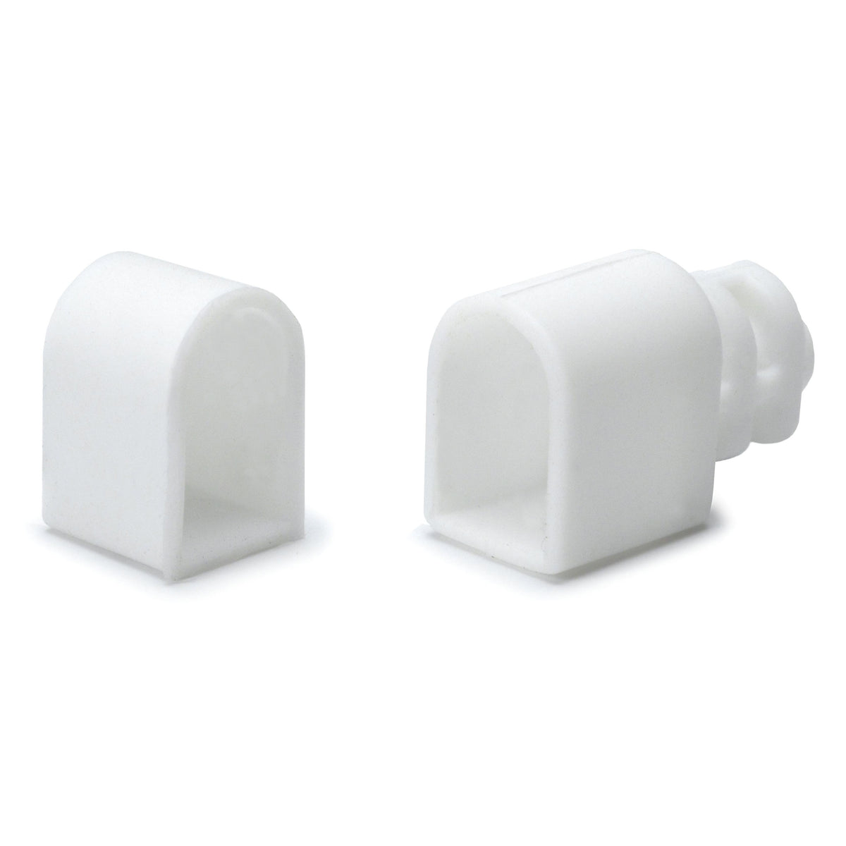N914-04-100 QolorFLEX NuNeon end caps, product view of two white silicone caps showing domed profile and ribbed insert plug, City Theatrical
