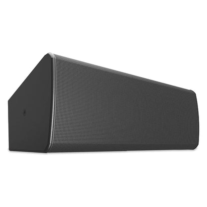PL-DC26 three-quarter angled view highlighting the angled side baffle and grille wrap, Q-SYS