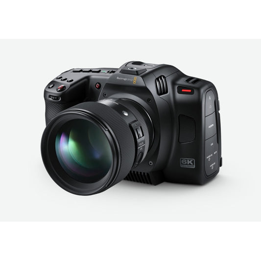 Blackmagic Design BMD-CINECAM60KLFL full frame 6K digital film camera, angled front view with lens mounted