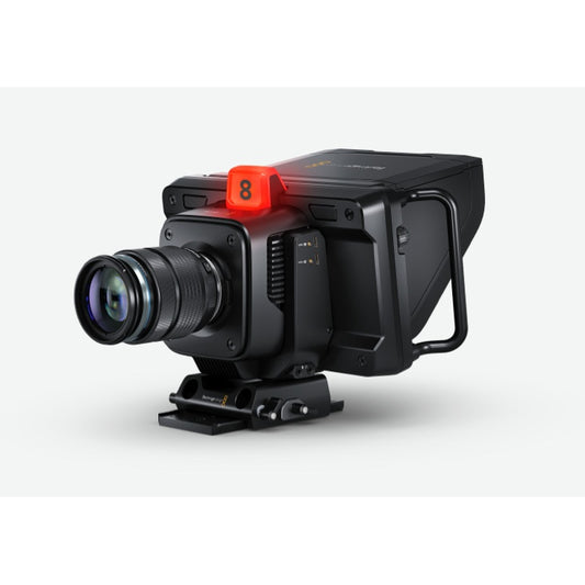 Blackmagic Design 4K Plus G2 Studio Camera angled view with lens, red tally light and side handle