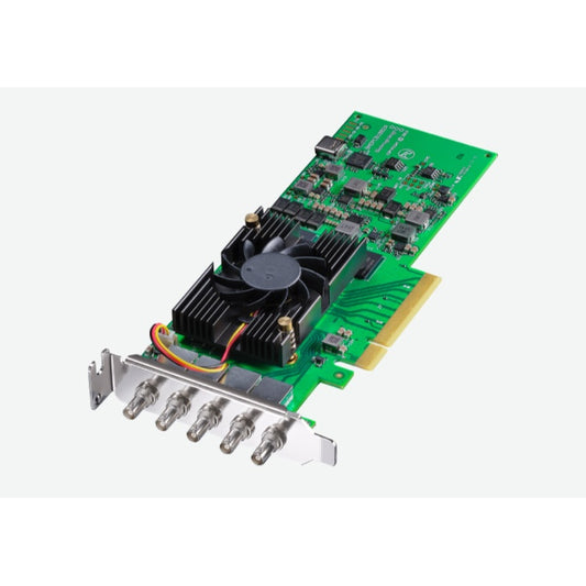 Blackmagic Design DeckLink 8K Pro Mini capture card angled view showing BNC bracket, heatsink fan, and PCIe edge