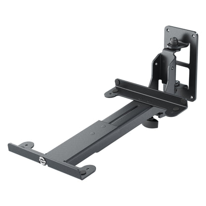24167 adjustable boom speaker wall mount angled view from left with extended telescoping arm and K&M logo on front lip, K&M