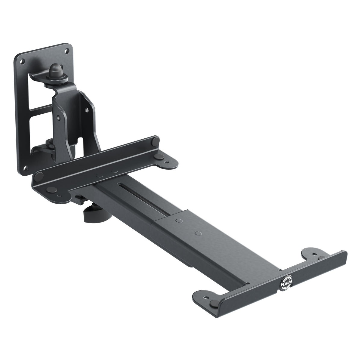 24167 adjustable boom speaker wall mount angled view from right showing wall plate, swivel joint and telescoping support arm, K&M