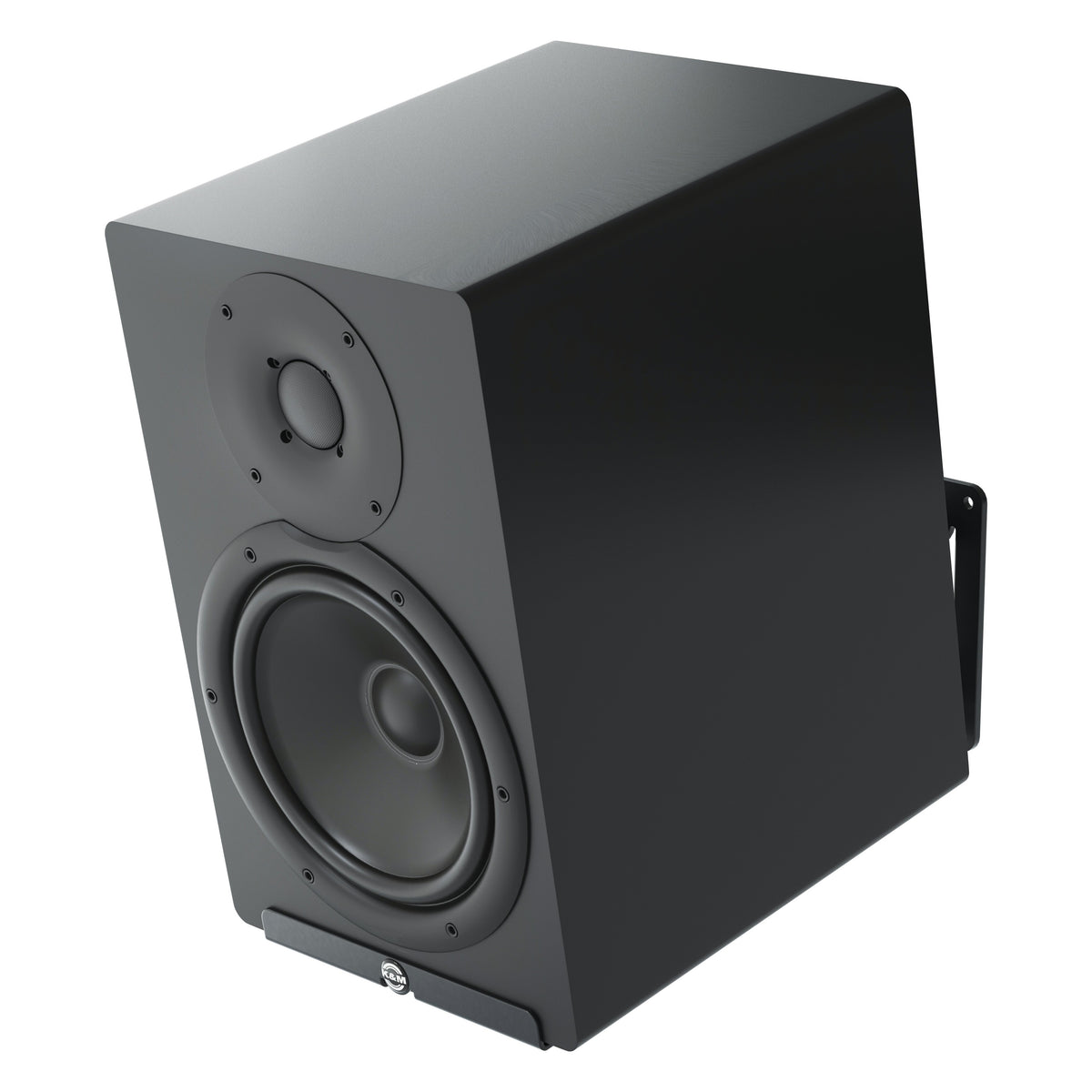 24167 wall mount supporting a black studio monitor speaker, shown from the front left with the K&M logo on the support lip, K&M