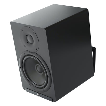 24167 wall mount supporting a black studio monitor speaker, shown from the front left with the K&M logo on the support lip, K&M