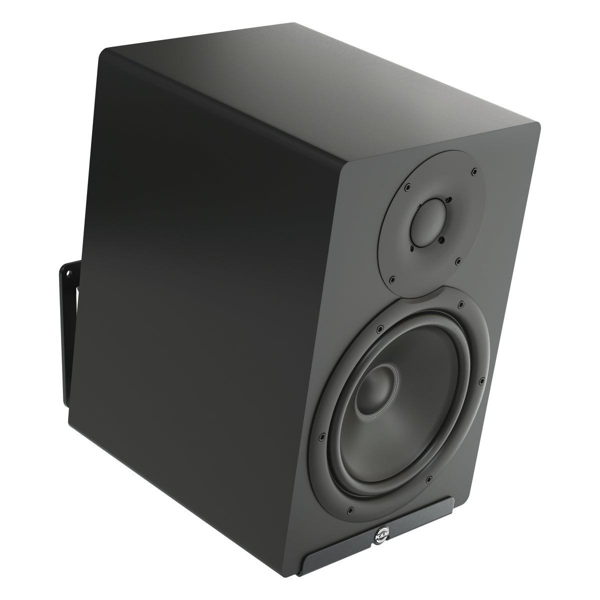 24167 wall mount holding a black studio monitor speaker, shown from the front right with the wall bracket visible behind the cabinet, K&M