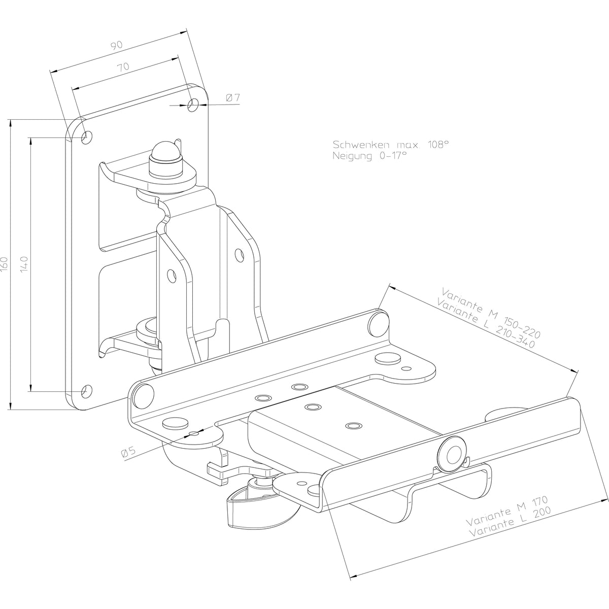 24167 wall mount technical dimension drawing showing 90 x 160 mm wall plate, 70 and 140 mm hole spacing, and M and L arm length variants, K&M