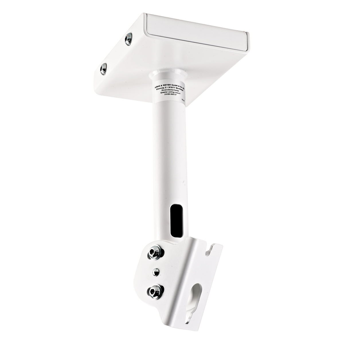 24496 ceiling speaker mount in white, angled front view showing square ceiling plate, tubular drop arm with cable slot and swivel speaker bracket, K&M