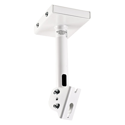 24496 ceiling speaker mount in white, angled front view showing square ceiling plate, tubular drop arm with cable slot and swivel speaker bracket, K&M