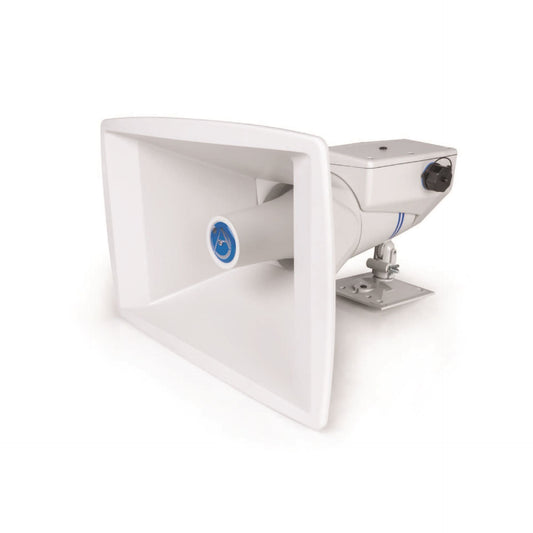 AtlasIED DA-APX PoE+ Dante outdoor horn speaker in white, angled view with mounting bracket and cable gland