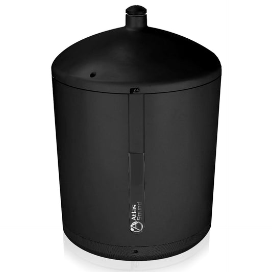 AtlasIED DA-PM8GD-B black 8" pendant speaker, upright view showing domed top cap and cable entry