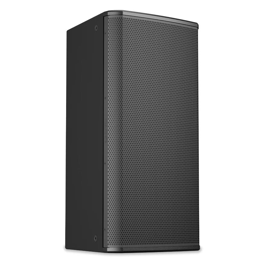 PL-DC12 two-way passive speaker three-quarter view highlighting cabinet depth and grille texture, Q-SYS