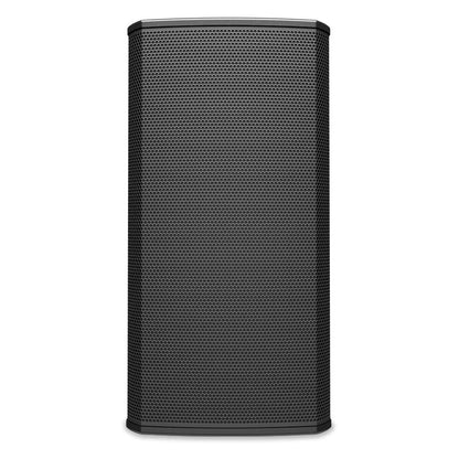 PL-DC12 straight-on front elevation of the 12-inch performance loudspeaker in black, Q-SYS