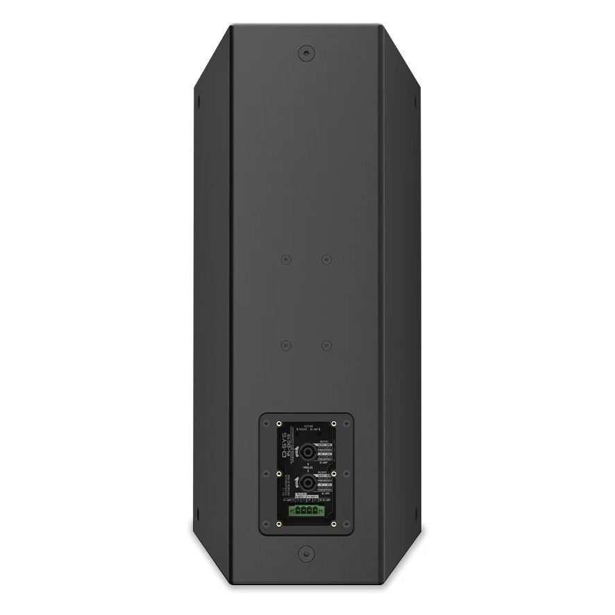 PL-DC12 back panel detail with connector plate and mounting inserts on tapered enclosure, Q-SYS